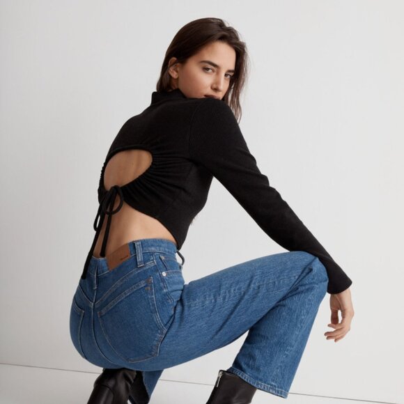 NWT Madewell Ribbed Mockneck Open-Back Crop Top Black Size Small - Picture 1 of 5